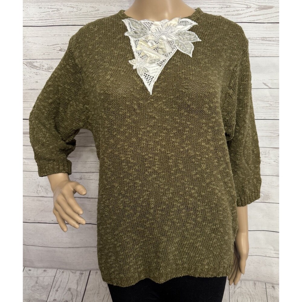 Vintage Grandmacore 80s Sweater JP Collections Medium Green White Embroidery